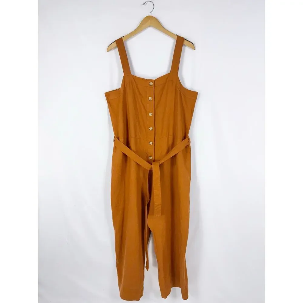 NWT Everlane 100% Linen Belted Crop Jumpsuit Women's Size 16 Orange Rust